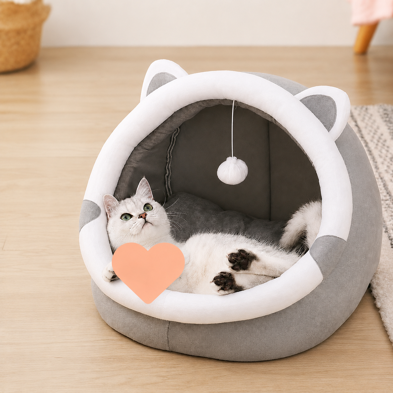 Cozy Cat Cave Bed with Hanging Ball
