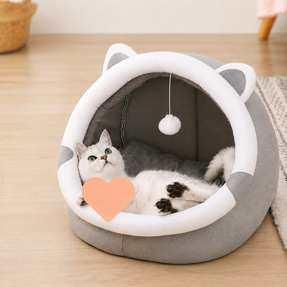 Cozy Cat Cave Bed with Hanging Ball