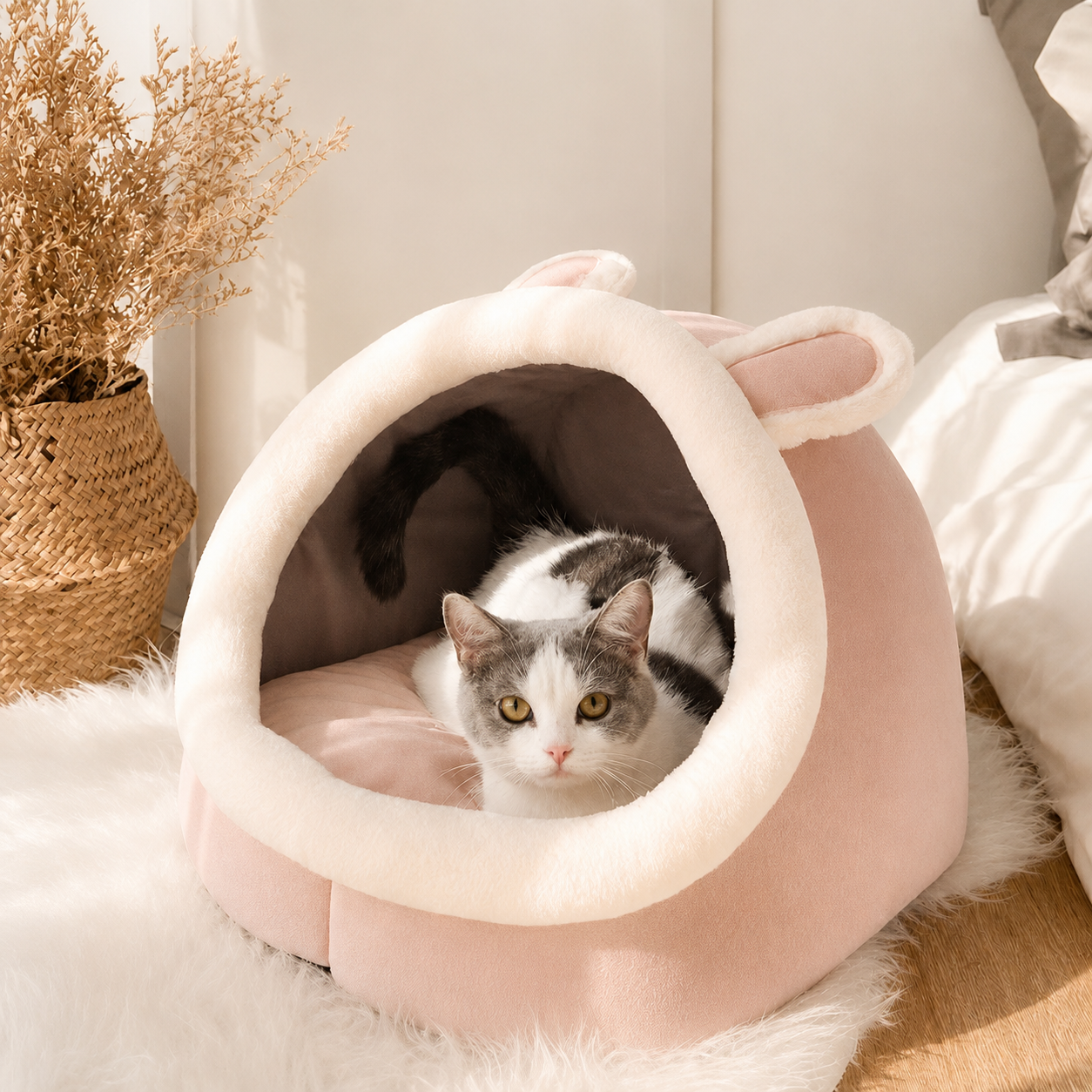 Cozy Cat Cave Bed with Hanging Ball