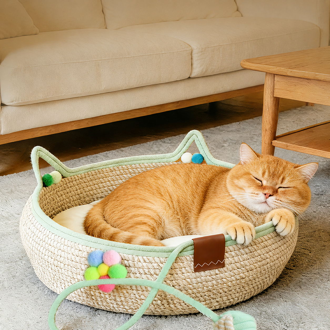 Handwoven Cat Bed & Scratch Mat with Toy Ball