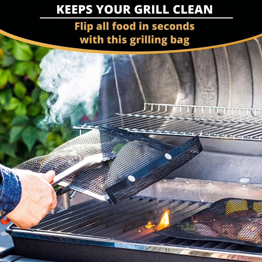 BBQ mesh bag grilling vegetables and meat