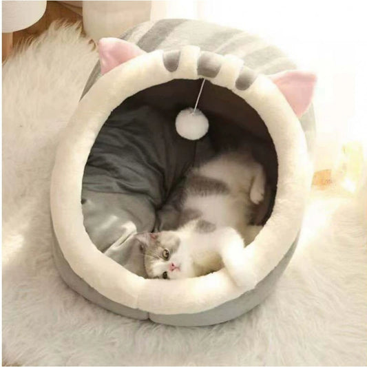 Cozy Cat Cave Bed with Hanging Ball