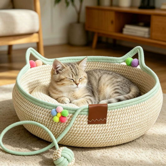 Handwoven Cat Bed & Scratch Mat with Toy Ball