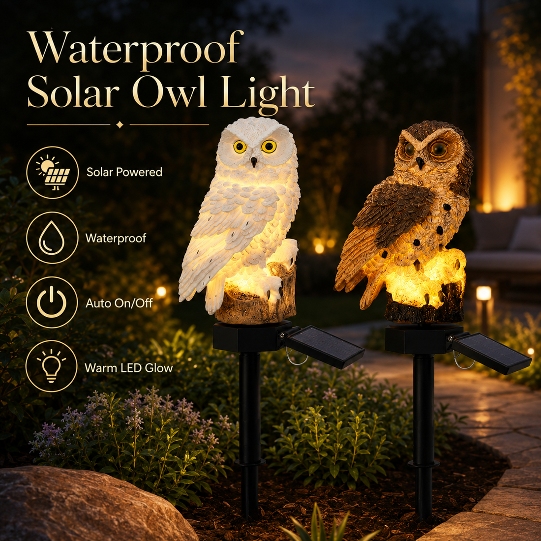 Waterproof solar owl light for garden, lawn, patio and pathway decor